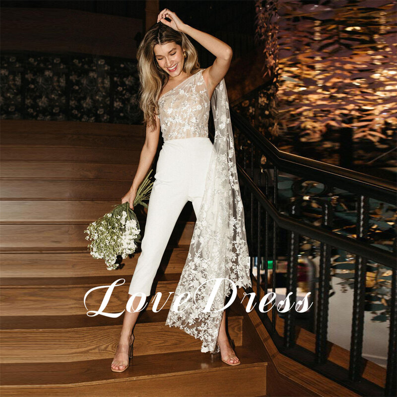 Gaun celana pernikahan 2024 set terbuka punggung seksi satu bahu renda applique ilusi Jumpsuit gaun Formal pengantin untuk wanita