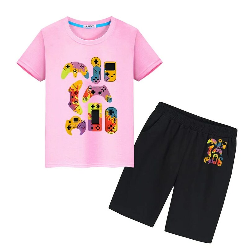 Meninos e Meninas Gamepad Impressão T-Shirt e Shorts Set, 100% Algodão, Roupas de Verão, Conjuntos Esportivos, Tees Bonitos, Tops Kawaii, Kid Holiday Gift