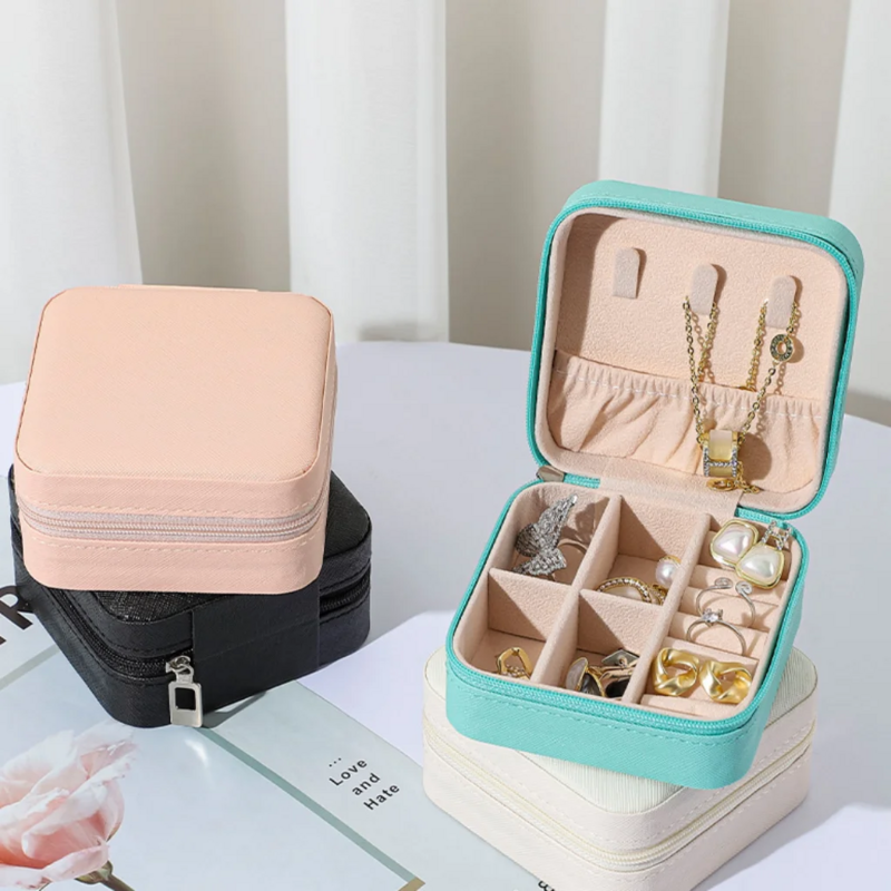 YJ2799 Mini Jewelry Organizer Display Travel Jewelry Zipper Case Box Earrings Necklace Ring Portable Jewelry Box Leather Storage