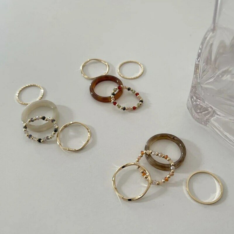 Retro Colorful Beaded Resin Personalized Index Finger Tails Rings Wavy Rings Set