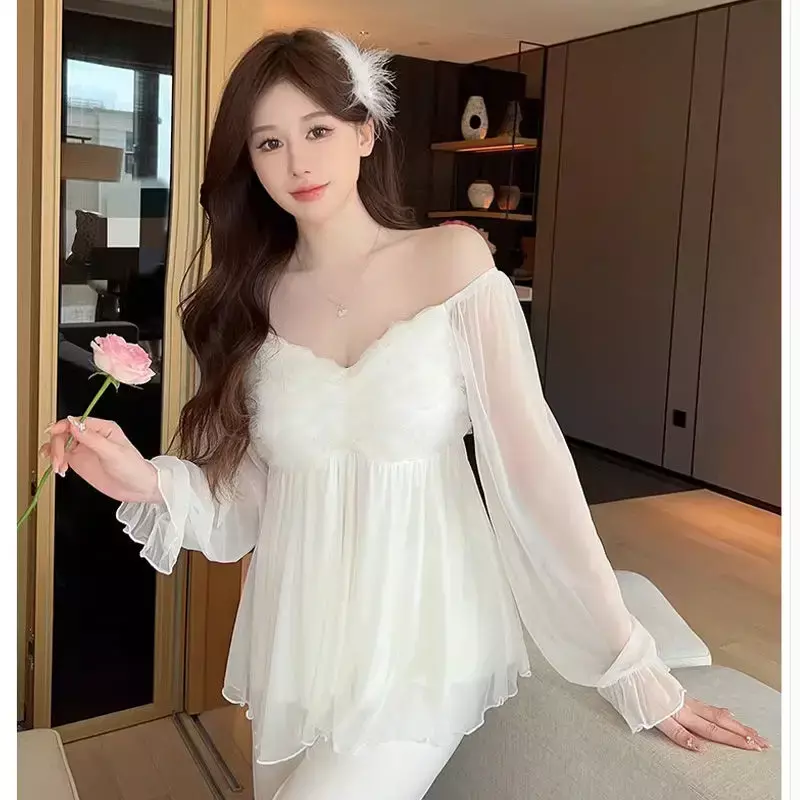 Pajamas with Breast Pads Female Spring Autumn Mesh Long Sleeve Pants  Internet Celebrities Are Sweet Cute Sex Appeal Loungewear