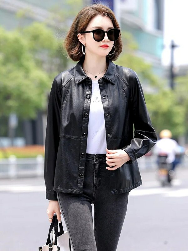 New Women Leather Jacket Spring Autumn Fashion Casual Shirt Style Split Leather Outerwear Loose Long Sleeve Sheepskin Tops Coat