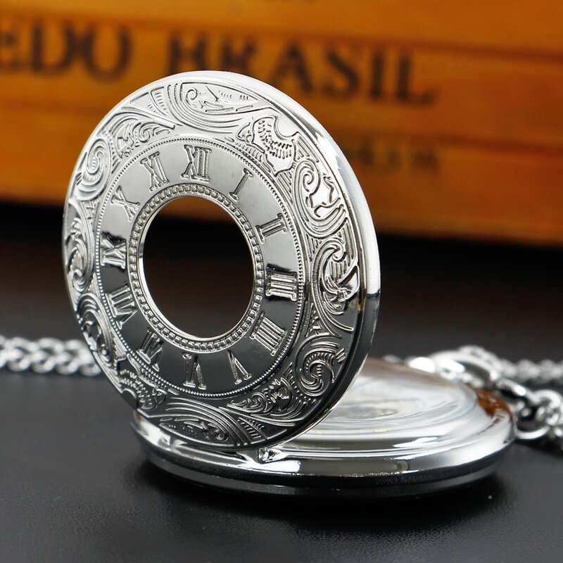 Silver/Bronze/Black Roman Numerals Quartz Pocket Watch Steampunk Men Women Hollow Case Vintage Pendant  with Chain Gifts