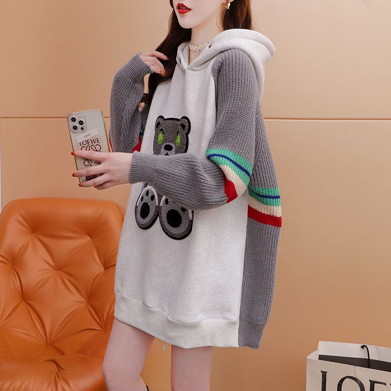 #3858 зимний мультяшный свитер с капюшоном, Женский Свободный Длинный свитер с разрезом, Женский вязаный свитер в Корейском стиле, пуловер, уличная одежда