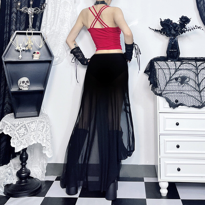 Seksowna czarna koronkowa długa spódnica wysokie rozcięcie Y2K Vintage bandaż róża Tessel spódnica trzy czwarte kobiet letnia moda uliczna