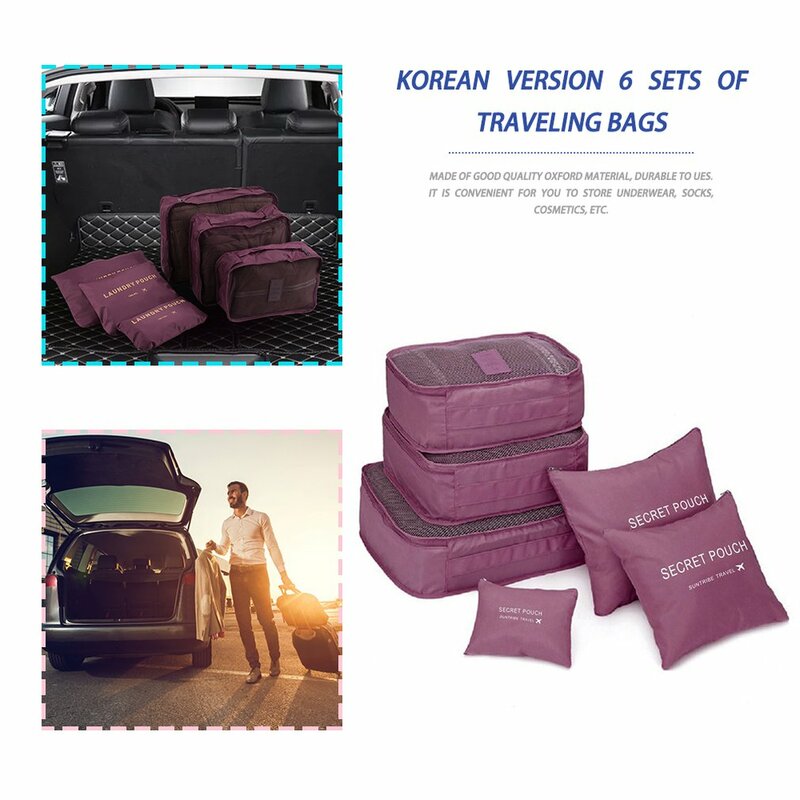 Korean Style Portable Durable Eco-Friendly 6 Pcs/Set Square Travel Home Luggage Storage Bags Clothes Organizer Pouch Case