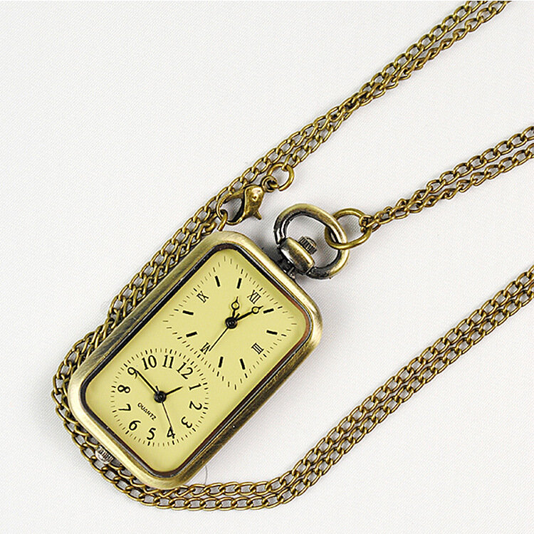 Vintage Dual 2 Dial Dial Quartz Pocket Watch for Men Women Rectangle Fob Chain Bronze Pendant Necklace Clock for Collection Gift