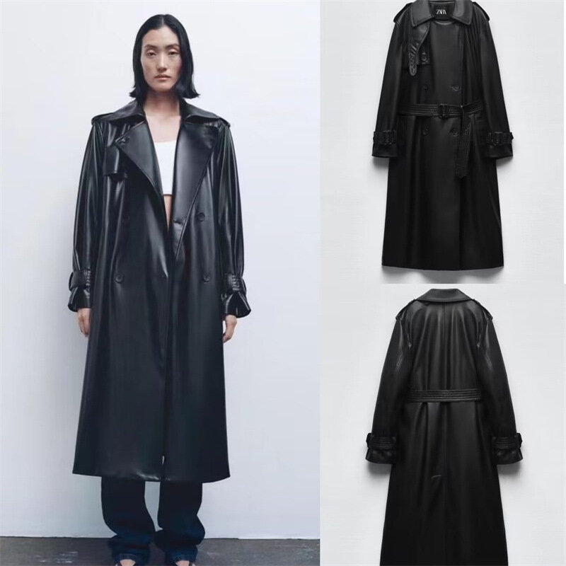 SUSOLA-gabardina larga de cuero sintético para mujer, abrigo holgado con doble botonadura, ropa elegante de diseñador de lujo, color negro, Otoño, 2024