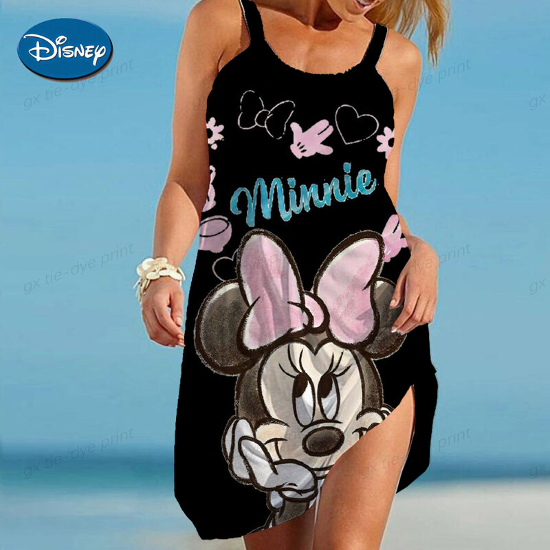 Women's Beach Dress Disney-Mickey/Minnie Mouse Cartoon Dress Boho Elegant Dresses For Women Summer 2024 Printed O-Neck Top 2024