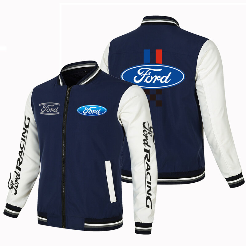 Spring and Autumn Fashionable Zipper Cardigan Color Block Sports Ford Racing Car Logo Trendy Men's Casual Motorcycle Jacket