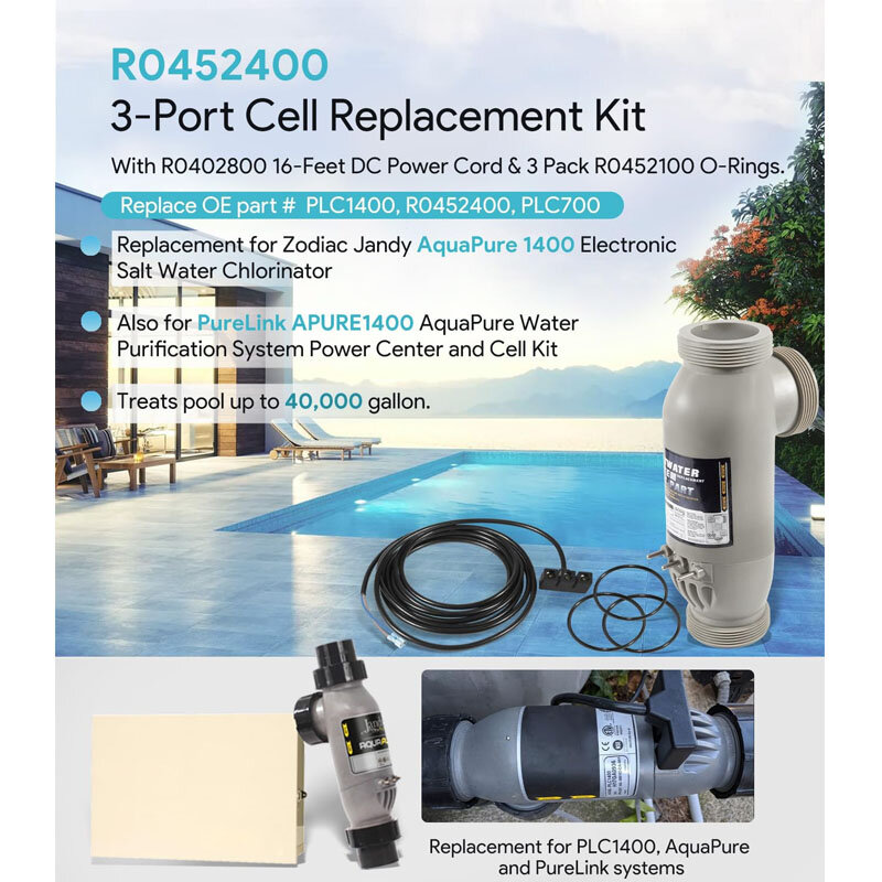 R0452400 plc1400 3-Port-Salzzellen-Kit r0402800 16-Fuß-Gleichstromkabel und 3er-Pack r0452100 O-Ringe ersetzen für Zodiac Jandy Aquapure