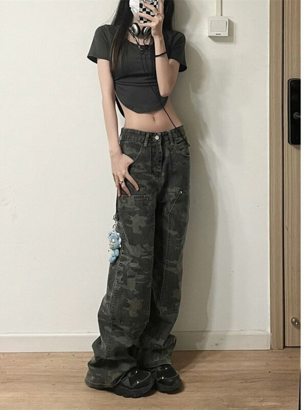HOUZHOU zielony moro Cargo spodnie damskie Y2K Hippie niski wzrost dżinsy Retro Streetwear Harajuku armii szerokie nogawki spodnie jeansowe