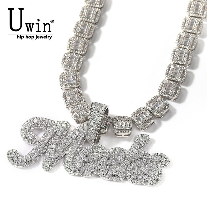 Uwin Custom Baguette Chain Cursive ตัวอักษร Iced Out ชื่อสร้อยคอสร้อยคอ Cubic Zirconia แฟชั่นเครื่องประดับ Hiphop