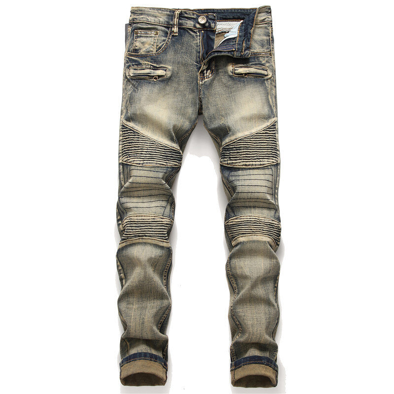 Jeans de motocicleta retrô colorida masculina, justa, calça lápis stretch, calça fina, costura de rua, bonito da moda, moda, 2024