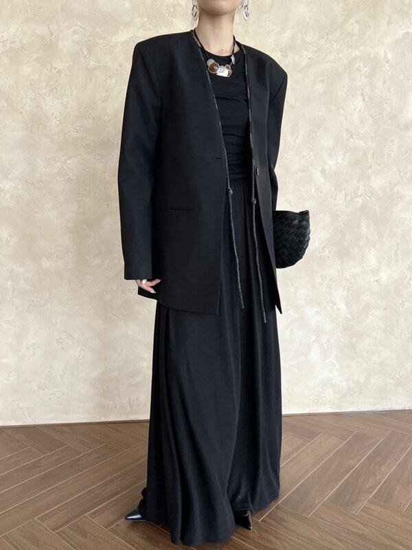 [LANMREM] Irregular Design Drawstring Blazers For Women V Neck Long Sleeve Office Lady Loose Jackets 2024 Spring New 26D8744