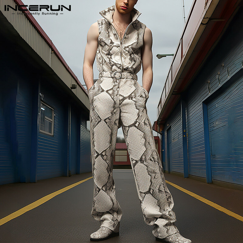 INCERUN 2024 American Style Men's Jumpsuits Personality Printed Jumpsuits Fashion Streetwear Male Lapel Sleeveless Rompers S-5XL