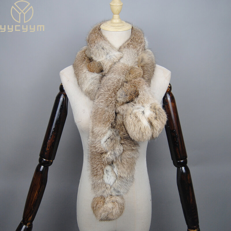 2024 New Arrival Winter Real Rabbit Fur Scarf Women Long Warm Genuine Rabbit Fur Scarves Female Knit Fluffy Pompoms Fur Scarves