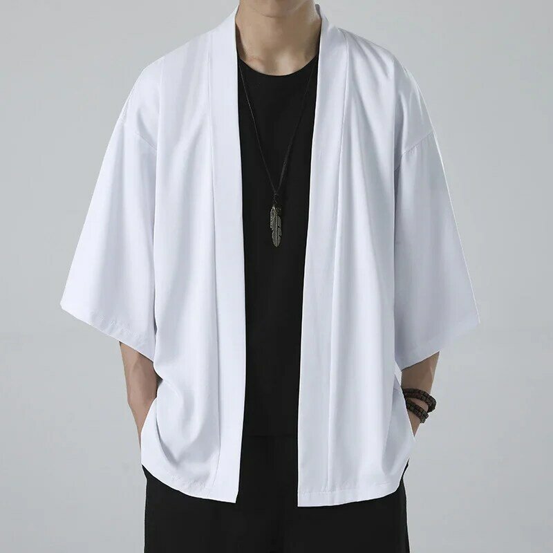 Kimono unisexe pour hommes, manteau noir, chemise de plage blanche, Haori d'été, vêtements de samouraï japonais