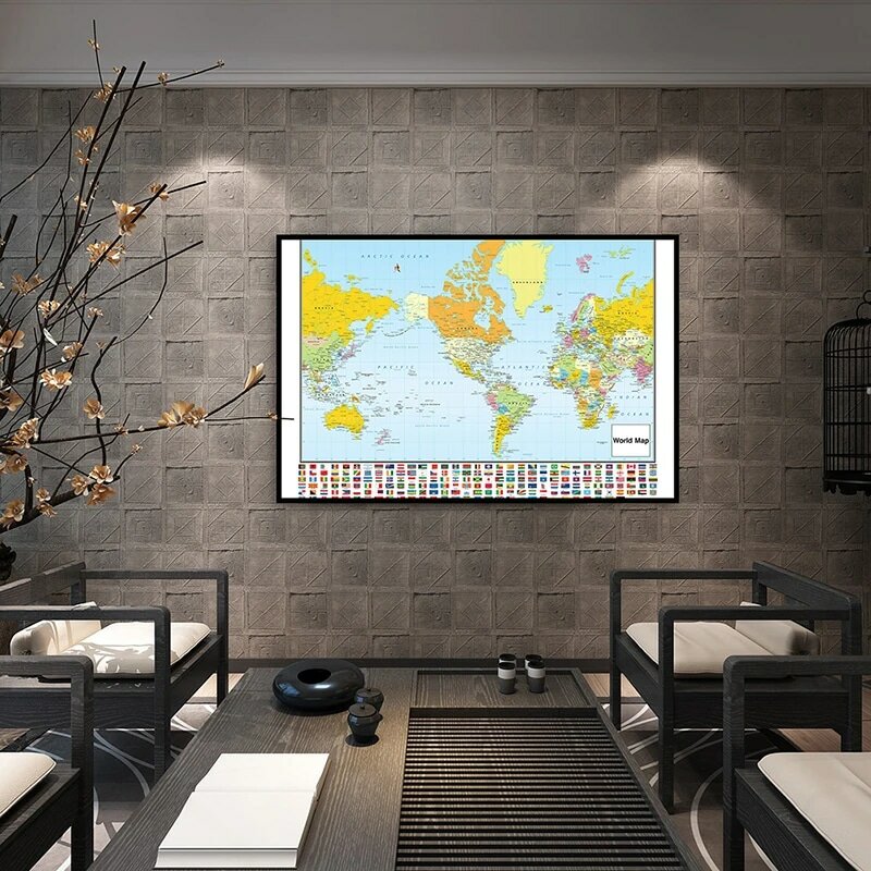 84*59Cm Peta Dunia Seni Dinding Peta Rinci Non-bau Lukisan Kanvas Ruang Keluarga Dekorasi Rumah Perlengkapan Mengajar Sekolah
