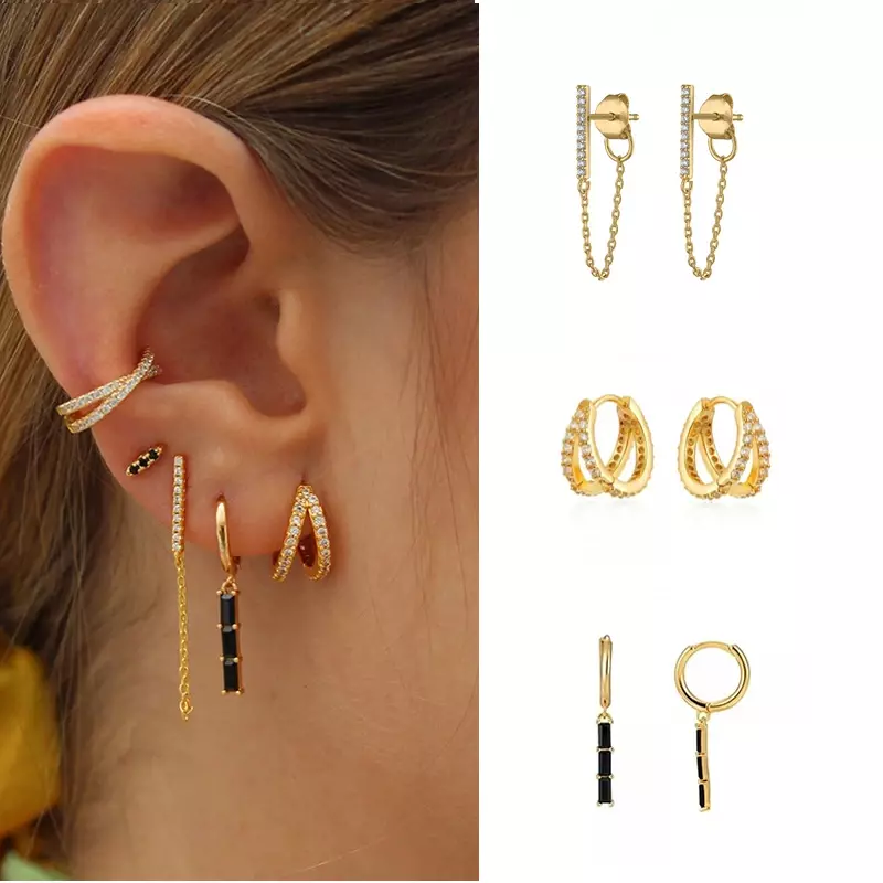 Pendientes geométricos de zirconia para mujer, Aretes europeos, cadena de eslabones, joyería para la oreja, 1 par