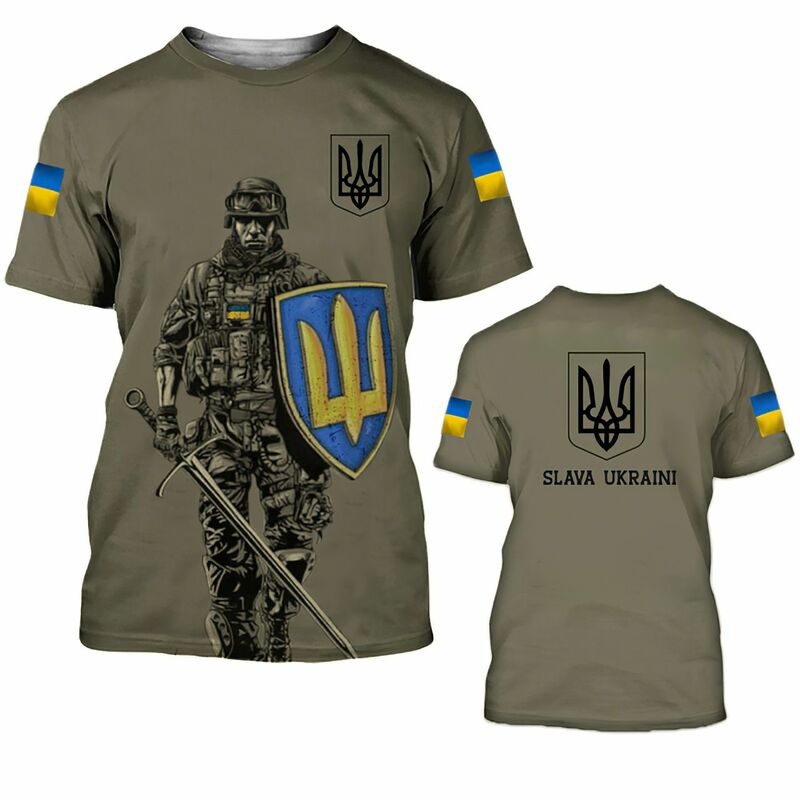 Kaus Bendera Ukraina Kaus Pria Atasan Tentara Ukraina Kamuflase Lengan Pendek Kaus Pria Streetwear Longgar Leher-o Musim Panas