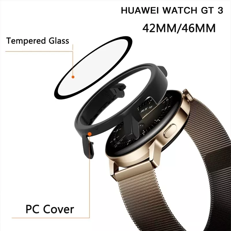 Funda completa para Huawei Watch GT3 46mm 42mm, Protector de pantalla de parachoques de vidrio templado de PC duro para Huawei Watch GT 3