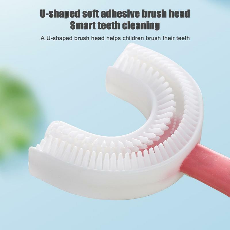 Cepillo de dientes en forma de U, 2 piezas, boca entera, cabeza de silicona de grado alimenticio, entrenamiento Manual, medio círculo, 360