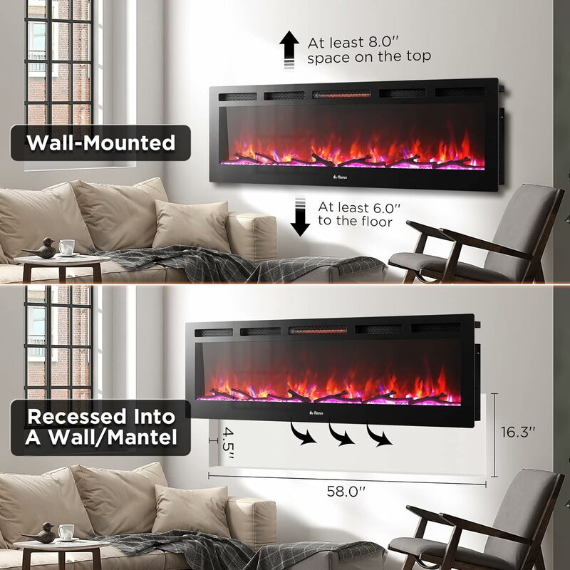 Chama de quartzo realista com efeitos de chama ajustáveis, aquecedor embutido ou montado na parede, controle remoto e aplicativo, chamas, 1500W
