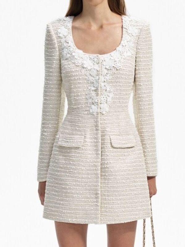 Women's Floral Embroidery Dress U-Neck Long Sleeve High Waist A-Line Elegant Spring 2024 Mini Robe