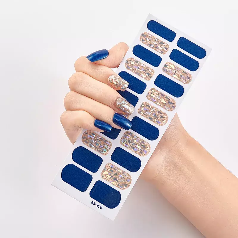 22pcs Blue Gel Nail Patch Slider Glitter Pink Adhesive Full Coverage Gel Nail Patch UV Lamp Cured Manicure for Woman & Girl