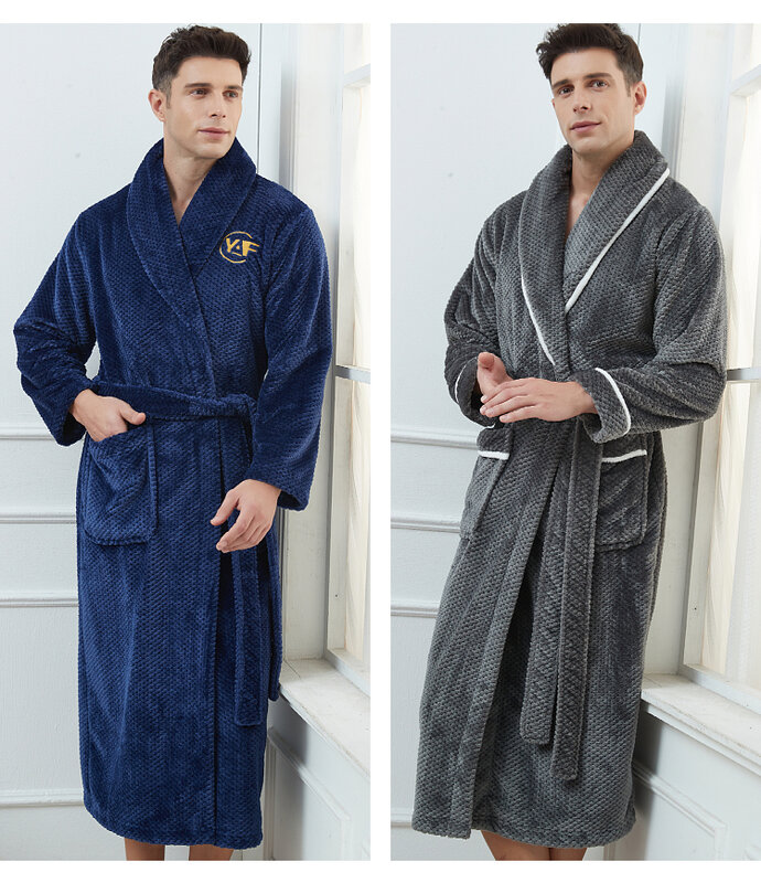 Roupão de flanela quente masculino, quimono de lapela espesso, roupão de banho, pijamas com bolso, plus size 3XL 4XL, inverno, outono