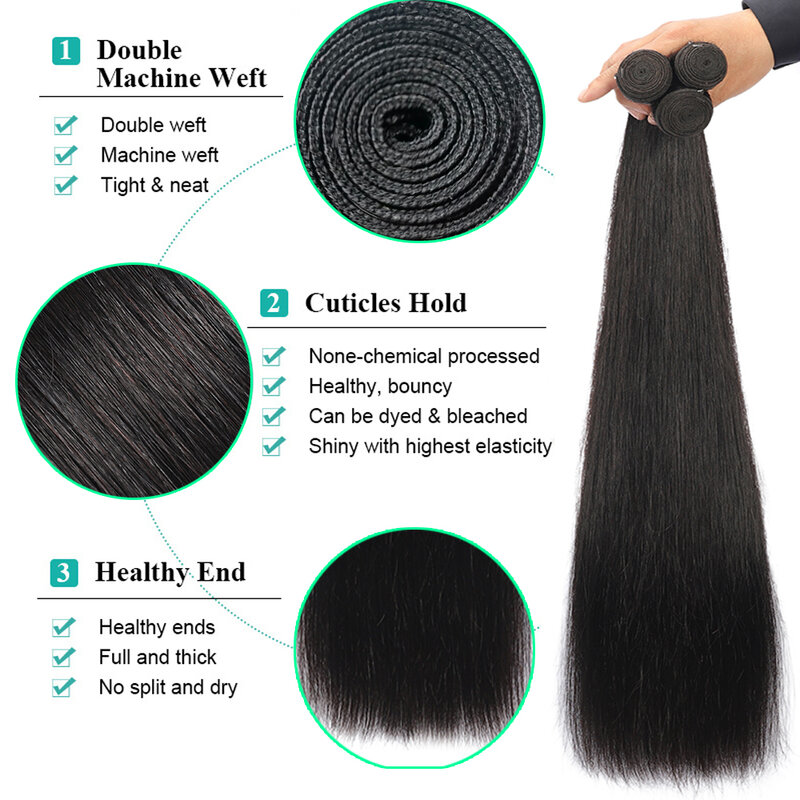 BAHW-Brazilian Straight Hair Weave Bundles, extensões de cabelo humano, 100% Remy Hair, cor natural, 12A, 1 Pacote, 3 Pacotes, 4 Pacotes