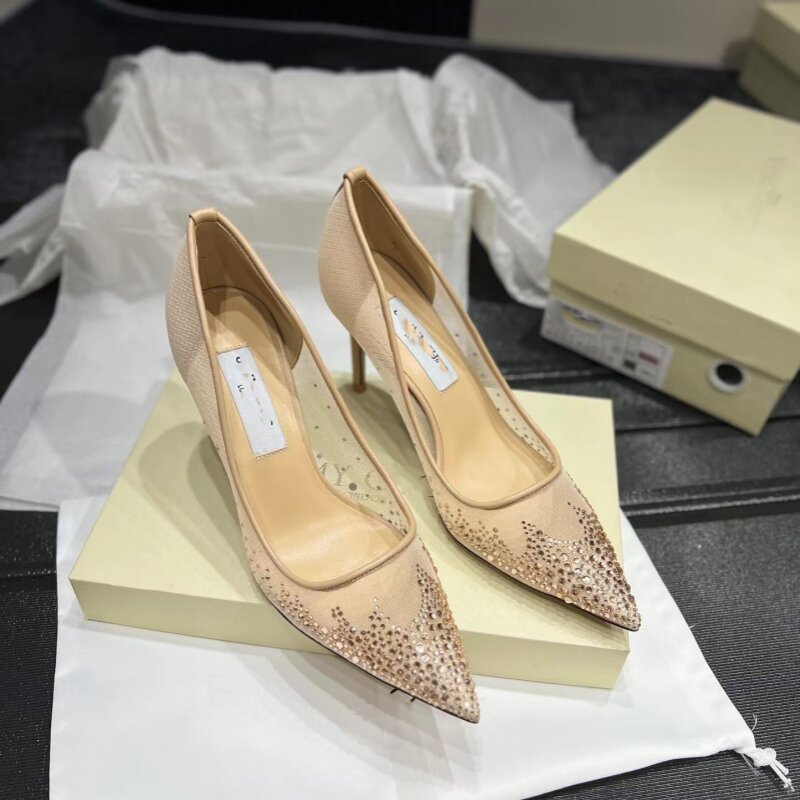 Sapatos de casamento feminino com strass em malha, sapatos de cristal, boca rasa, salto alto, novo, 2024