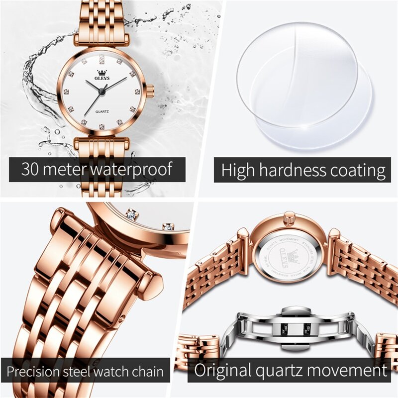 OLEVS Elegant Fashion Women's Watches Stainless Steel Strap Rose Quartz Watch Waterproof Luxury Watch for Lady Gift Bracelet