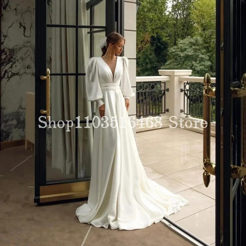 Robes de mariée A-Line blanches élégantes pour femmes, col en V, satin, manches longues, occasion formelle, couture, longues robes de patients, 2024