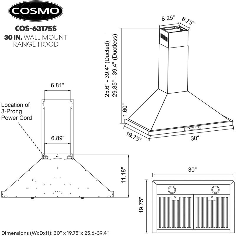 COSMO Hotte de cuisinière murale COS-63175S avec conduit convertible sans conduit (aucun kit inclus), évent de poêle de style ney-tendance au plafond