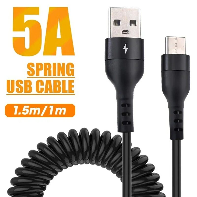 Kabel teleskopik USB Tipe C mobil, kabel pengisi daya cepat, 65W 5A, kabel USB Tipe C UNTUK Samsung Xiaomi Huawei Honor USB C