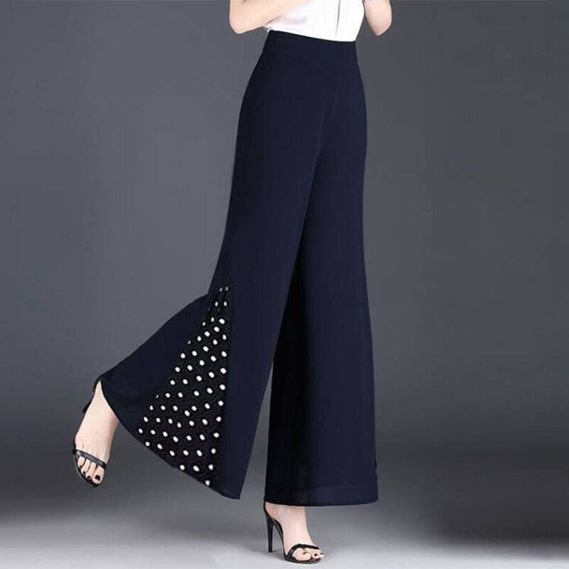 Fashion Summer Thin Panelled Elastic High Waist Loose Wide Leg Pants Women' Patchwork Print Polka Dot Straight Casual Trousers