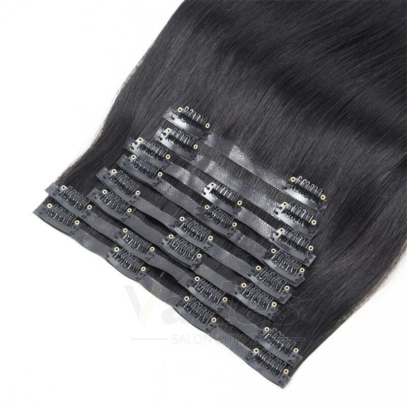 Klip kain PU tak terlihat dalam ekstensi rambut manusia pita injeksi mesin kain buatan Remy 12-22 inci klip disesuaikan pada rambut 8 buah