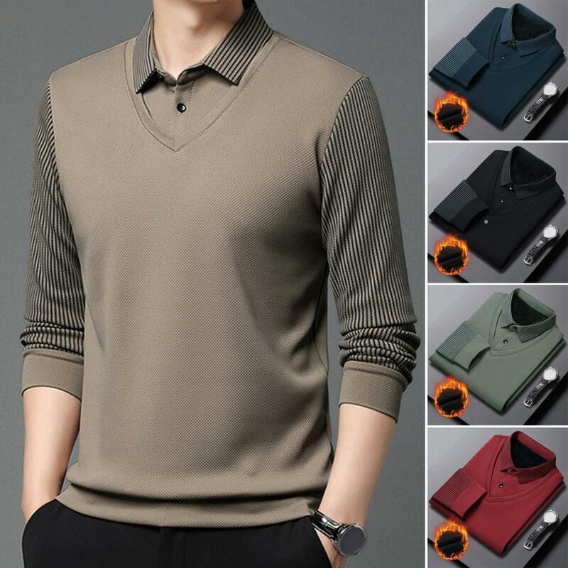 Fake Two-piece Sweater Men's Striped Lapel Sweater with Plush Warm Knitted Design for Fall Winter Business Style Men Sweater