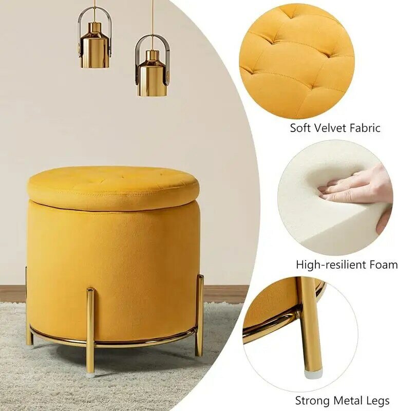 Modern Velvet Storage  with Gold Metal Legs, Button Tufted Round Footrest Stool with Storage for Living Room Bedroom