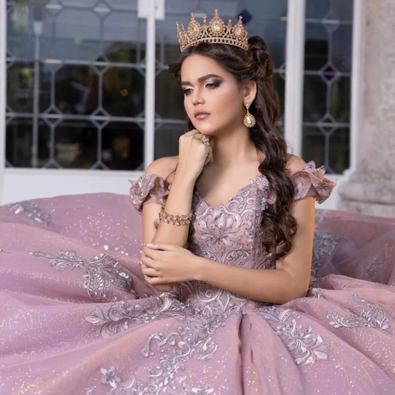 Elegant Off The Shoulder Quinceanrra Prom Dresses Classic Lace Appliques Princess Long Pink Glitter Sweet 16 Dress Vestidos