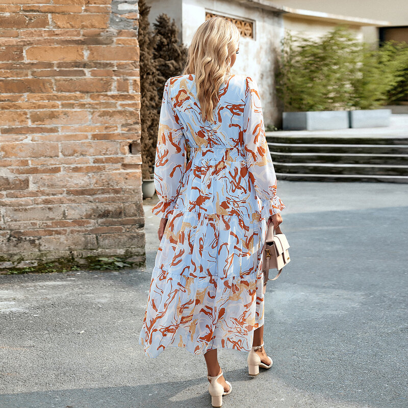 YEAE Printed V-neck Dress Floral Long Sleeve Waisted Women's Long Dress Temperament Exquisite Women Casual Commuter Vacation New