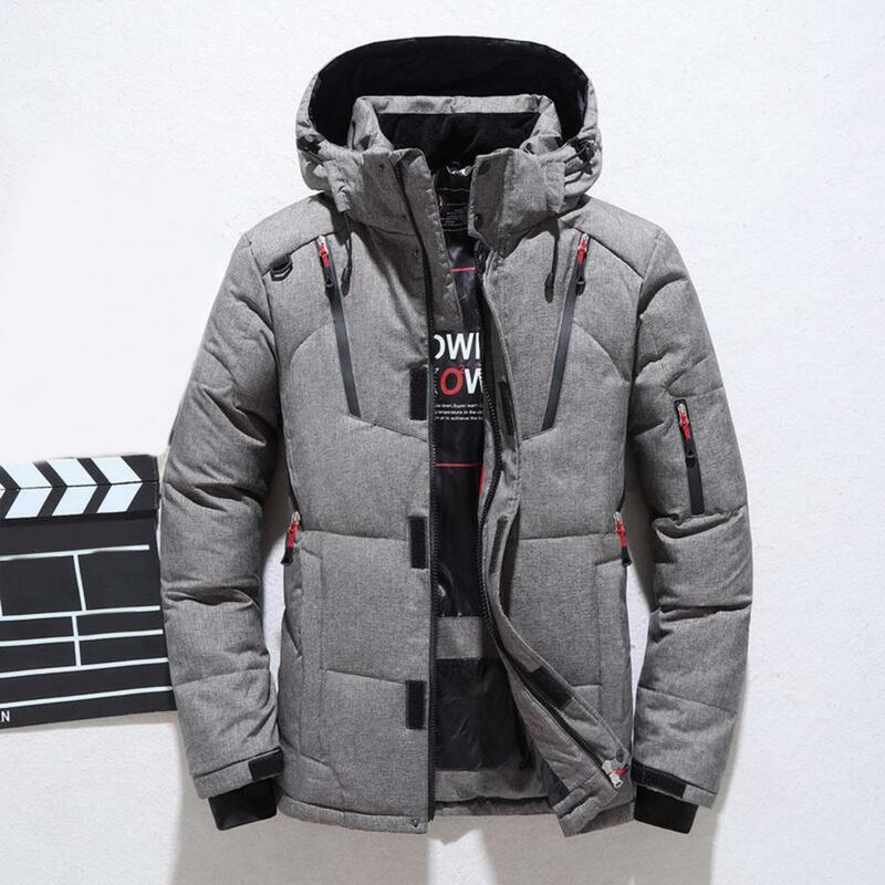 Men jacket zippers decoração com capuz multi bolsos à prova de vento inverno algodão acolchoado casaco engrossar drawstring jacket para ao ar livre