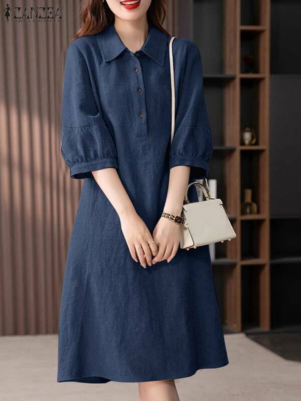 Zanzea Sommer Frauen Baumwoll hemd Kleid koreanisches Büro Ärmel Midi Vestidos elegante feste Knöpfe Revers Hals Robe Femme