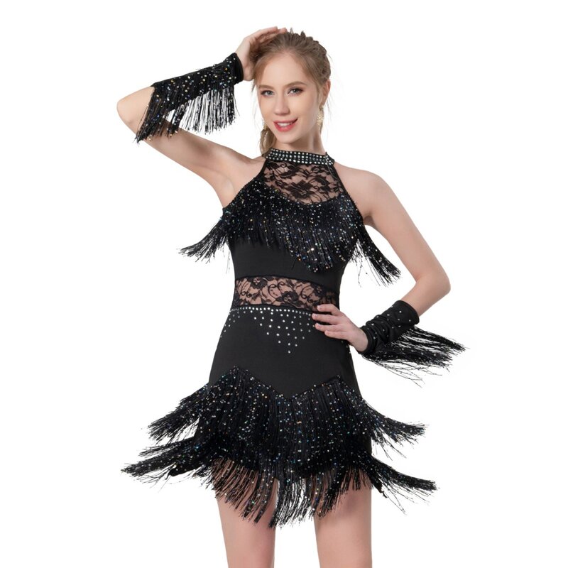 Women Latin Dance Dress Sequins Fringe Flapper Sexy Hollow Ballroom Salsa Tango Cha Cha Samba Rave Dress Dancewear