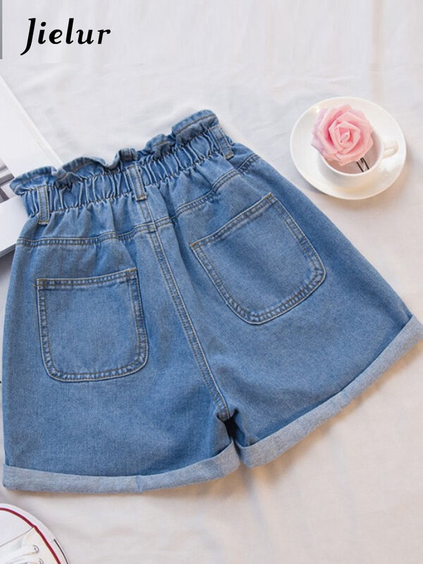 Jielur-pantalones cortos de mezclilla para mujer, Shorts de cintura alta, elásticos, blancos y azules con volantes, color negro, para verano, S-5XL