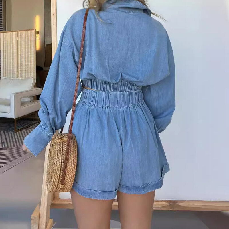 Summer Spring Two Piece Sets Womens Outifits Denim Shirt Short Tops and Sexy Shorts Tracksuit Casual Outfit Women Blouse Tops