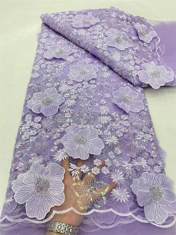 Kain renda tabung manik-manik bordir Afrika mewah kain renda payet Nigeria untuk gaun pesta pernikahan, 5 yard, 2024