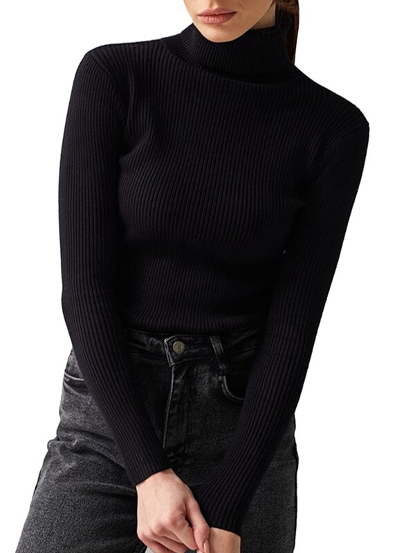 여성용 하이넥 골지 니트 스웨터, 긴팔 슬림 핏 니트 풀오버 상의, 캐주얼 단색 바디콘 점퍼